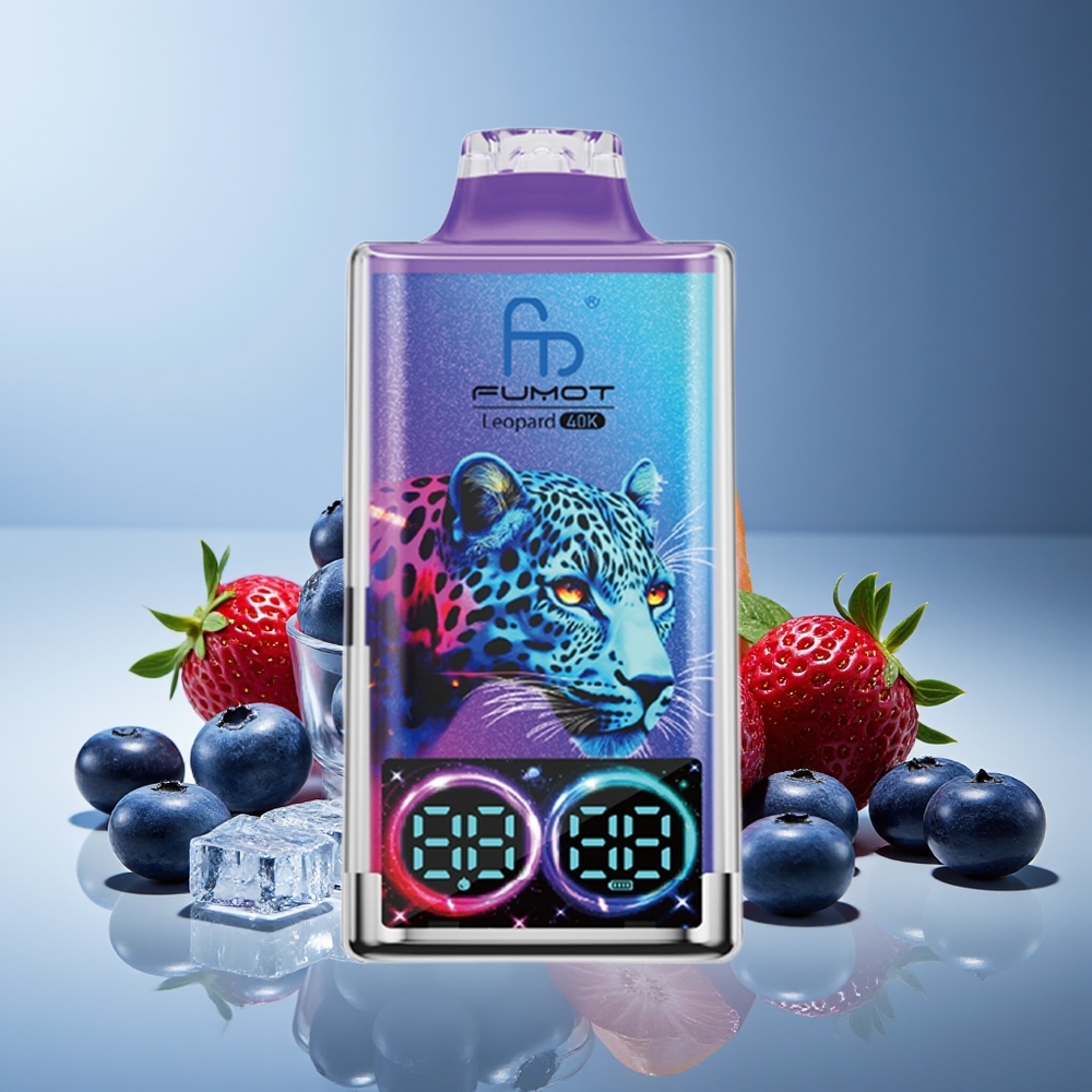 Fumot Leopardo 40K Bocanadas Sin Nicotina Batería 700mAh Dual Malla Carga Tipo-C Pantalla Digital Arándano en Hielo
