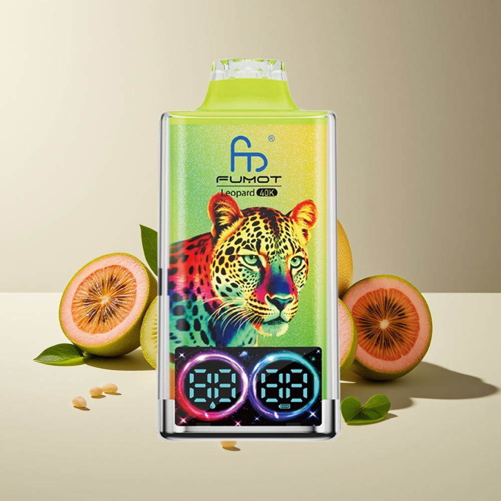 Fumot Leopardo 40K Puffs 0%-5% Nicotina Batería 700mAh Dual Mesh Carga Tipo-C Pantalla Digital Fruta de la Pasión Guayaba Kiwi