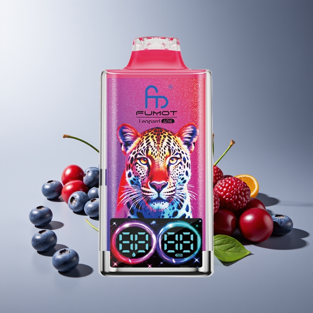 Fumot Leopardo 40K Puffs Sin Nicotina 700mAh Dual Malla Carga Tipo-C Pantalla Digital Arándano Cereza Azul