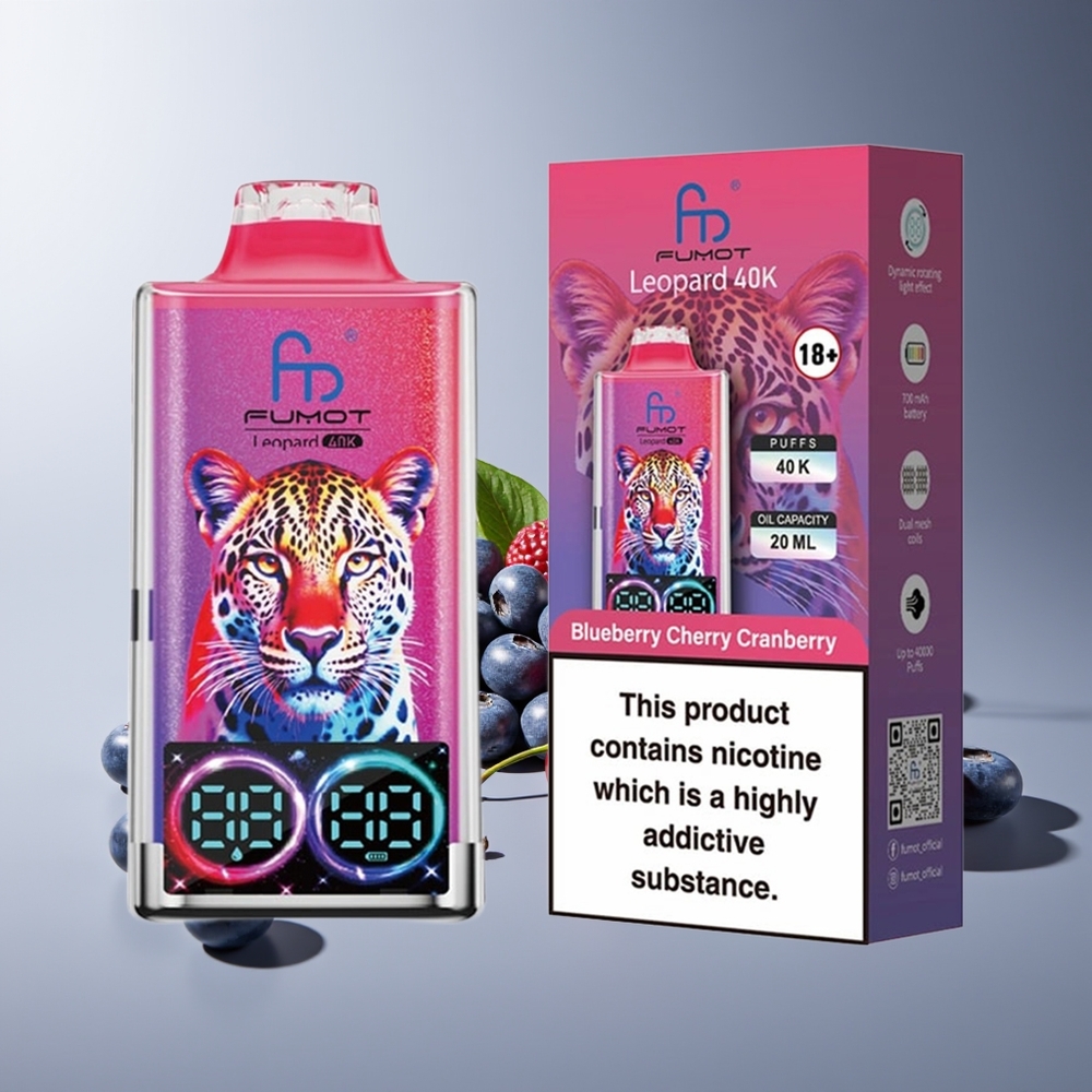 Fumot Leopardo 40K Puffs Sin Nicotina 700mAh Dual Malla Carga Tipo-C Pantalla Digital Arándano Cereza Azul