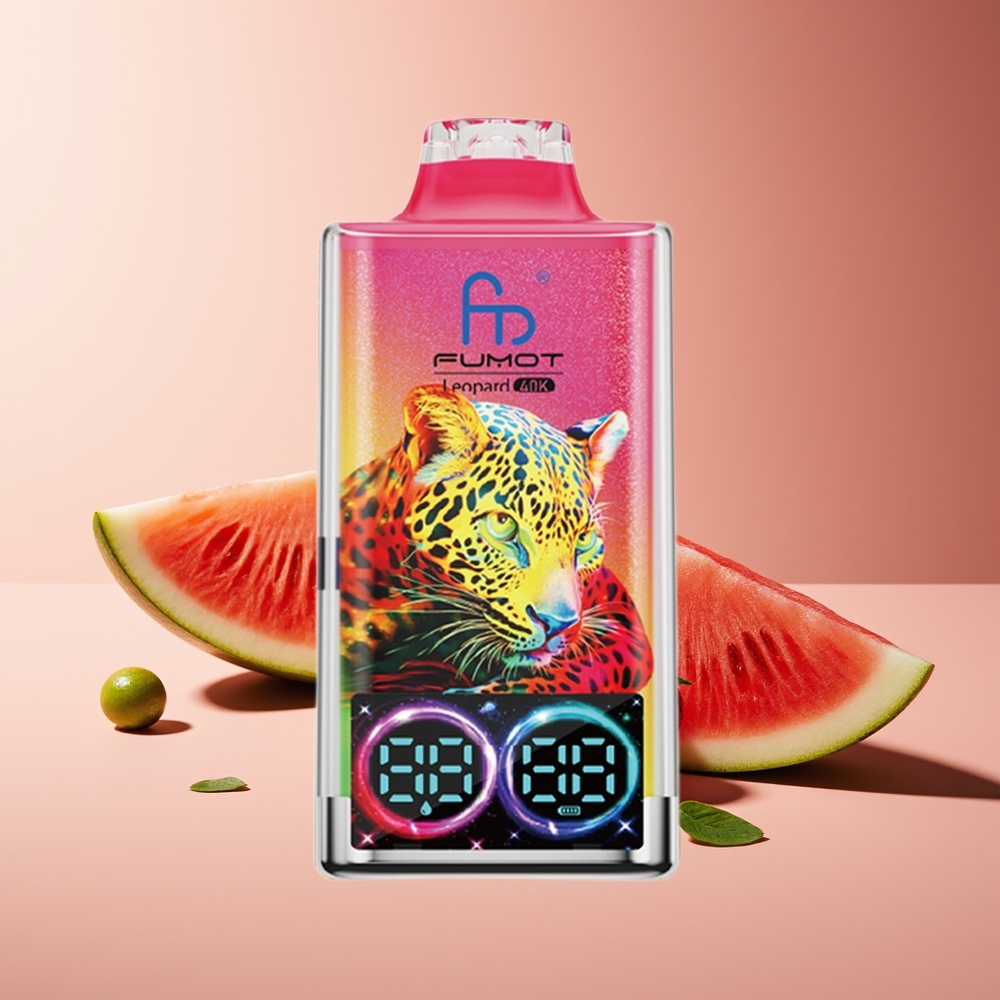 Fumot Leopardo 40K Puffs Vape Desechable 0%-5% Nicotina 700mAh Dual Mesh Carga Tipo-C Pantalla Digital Fresa Sandía