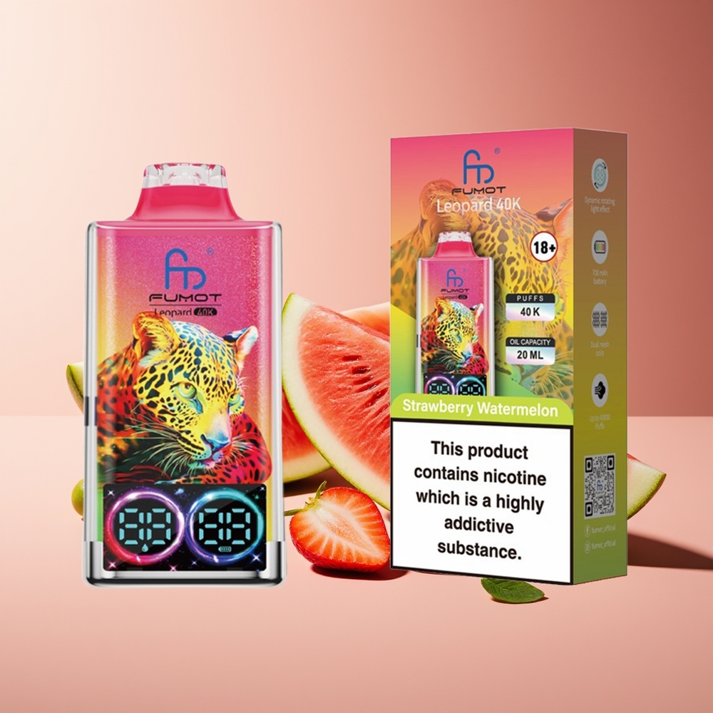 Fumot Leopardo 40K Puffs Vape Desechable 0%-5% Nicotina 700mAh Dual Mesh Carga Tipo-C Pantalla Digital Fresa Sandía