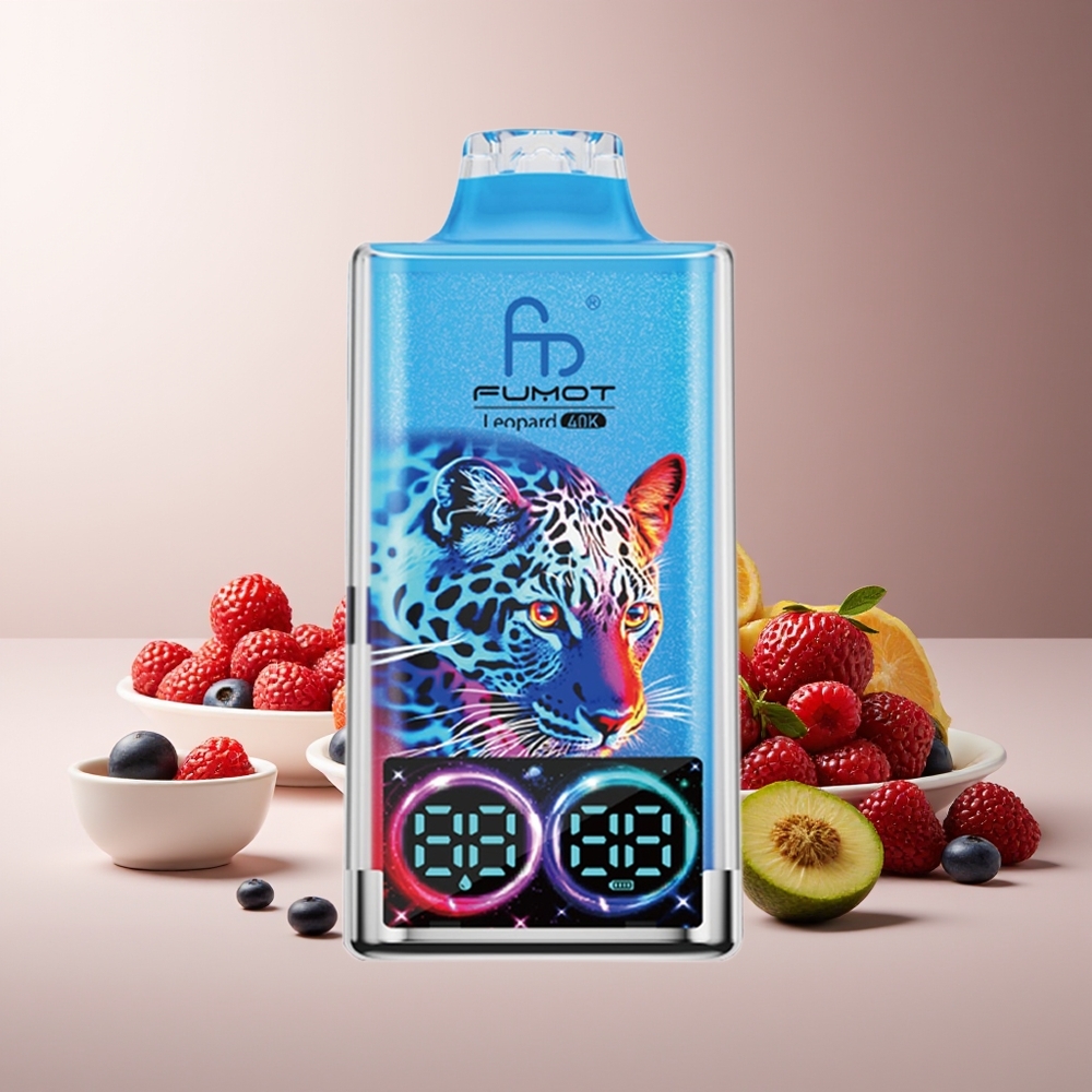 Fumot Leopardo 40K Puffs Vape Desechable 0%-5% Nicotina Batería 700mAh Dual Mesh Carga Tipo-C Pantalla Digital de Nivel de Líquido Mezcla de Bayas
