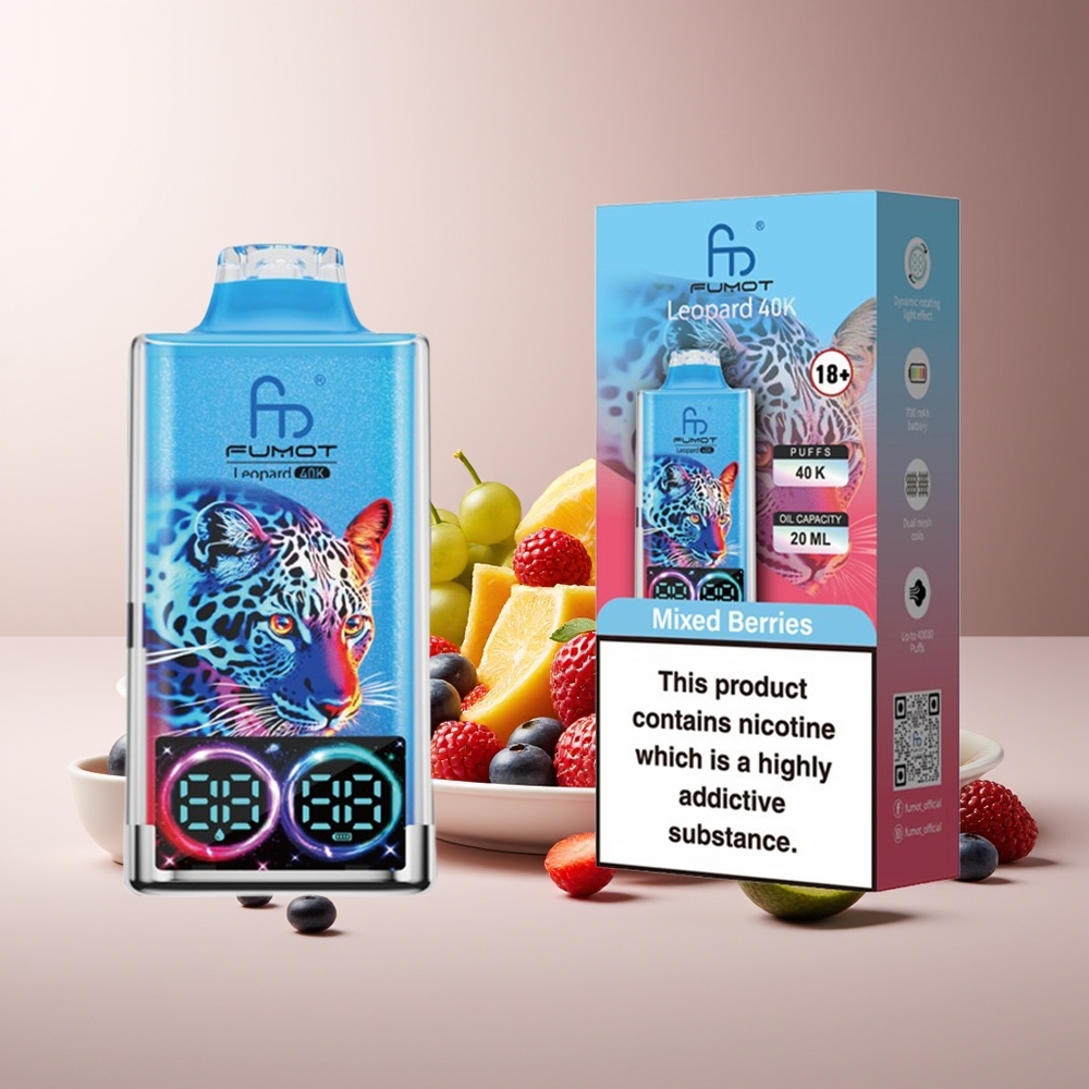 Fumot Leopardo 40K Puffs Vape Desechable 0%-5% Nicotina Batería 700mAh Dual Mesh Carga Tipo-C Pantalla Digital de Nivel de Líquido Mezcla de Bayas