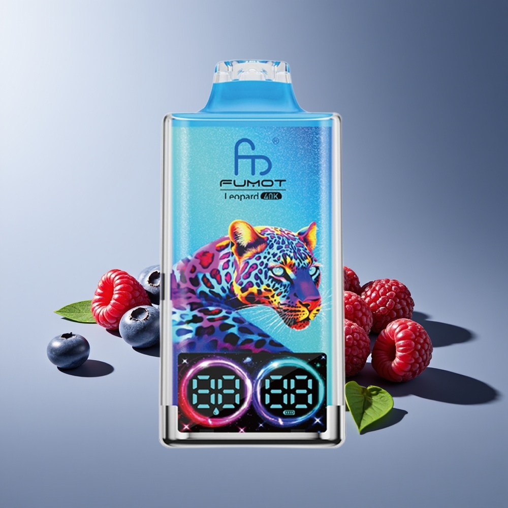 Fumot Leopardo 40K Puffs Vape Desechable Dual Mesh 5% Nicotina Tipo-C Carga Digital Tubo Azul Arándano Frambuesa