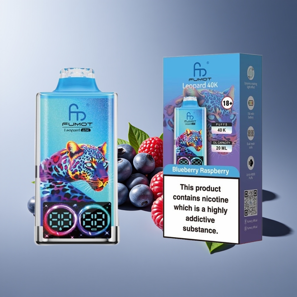 Fumot Leopardo 40K Puffs Vape Desechable Dual Mesh 5% Nicotina Tipo-C Carga Digital Tubo Azul Arándano Frambuesa