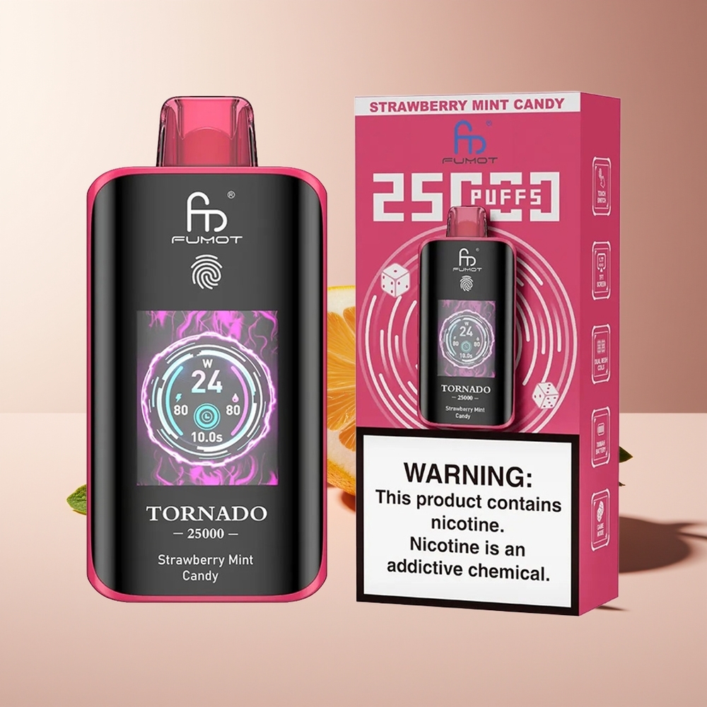 Fumot Tornado 25000 Puffs HD Pantalla Batería Recargable 700mAh Tipo-C Fresa Menta Caramelo