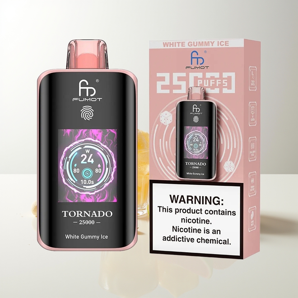 Fumot Tornado 25000 Puffs Pantalla HD Batería Recargable 700mAh Tipo-C Gominola Blanca Helada