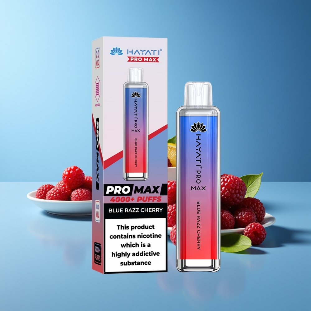 Hayati Pro Max 4000 Puffs Vape Recargable con Luz LED y Doble Bobina de Malla 1.1 Ohm Azul Frambuesa Cereza