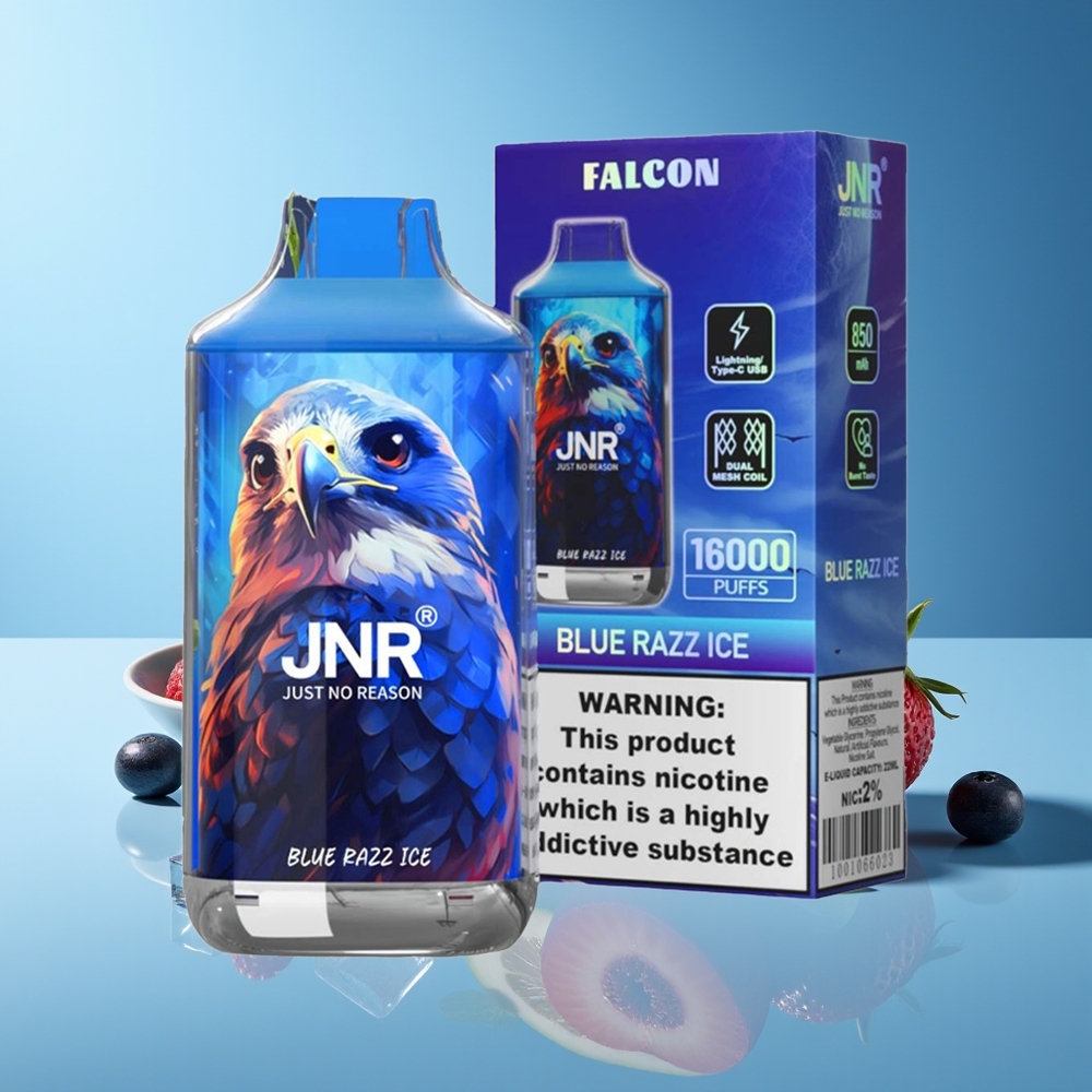 JNR Falcón 16000 Puffs 850mAh 22ml Dual Mesh Coil Tipo C y Lightning Pantalla LED Inteligente 0% 2% Azul Frambuesa Hielo
