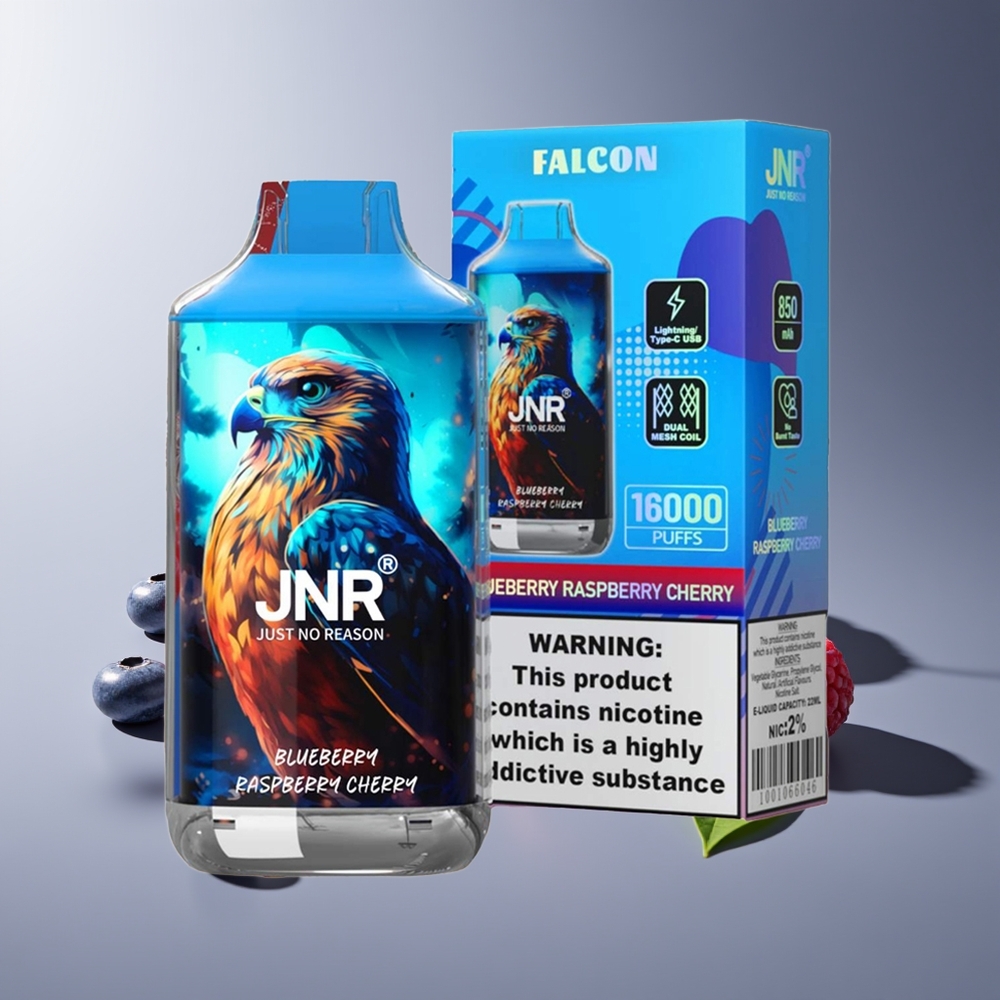 JNR Falcon 16000 Puffs 850 mAh 22ml Dual Mesh Coil Tipo C y Lightning LED Display 0% 2% Arándano Frambuesa Cereza