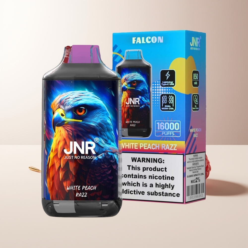 JNR Falcon 16000 Puffs 850mAh 22ml Doble Malla Tipo C LED 0% 2% Melocotón Blanco Frambuesa