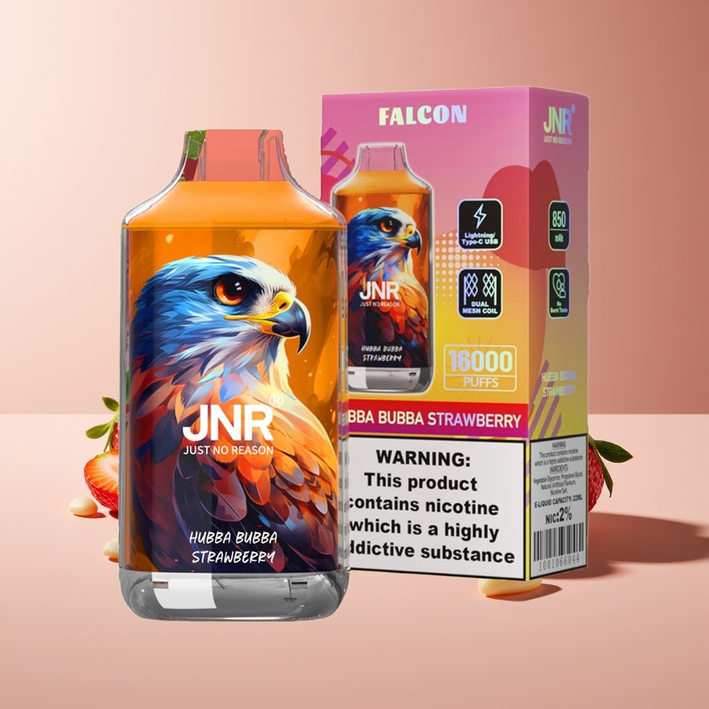 JNR Falcon 16000 Puffs 850mAh 22ml Doble Malla Tipo C y Lightning Pantalla LED 0% 2% Fresa Chicle