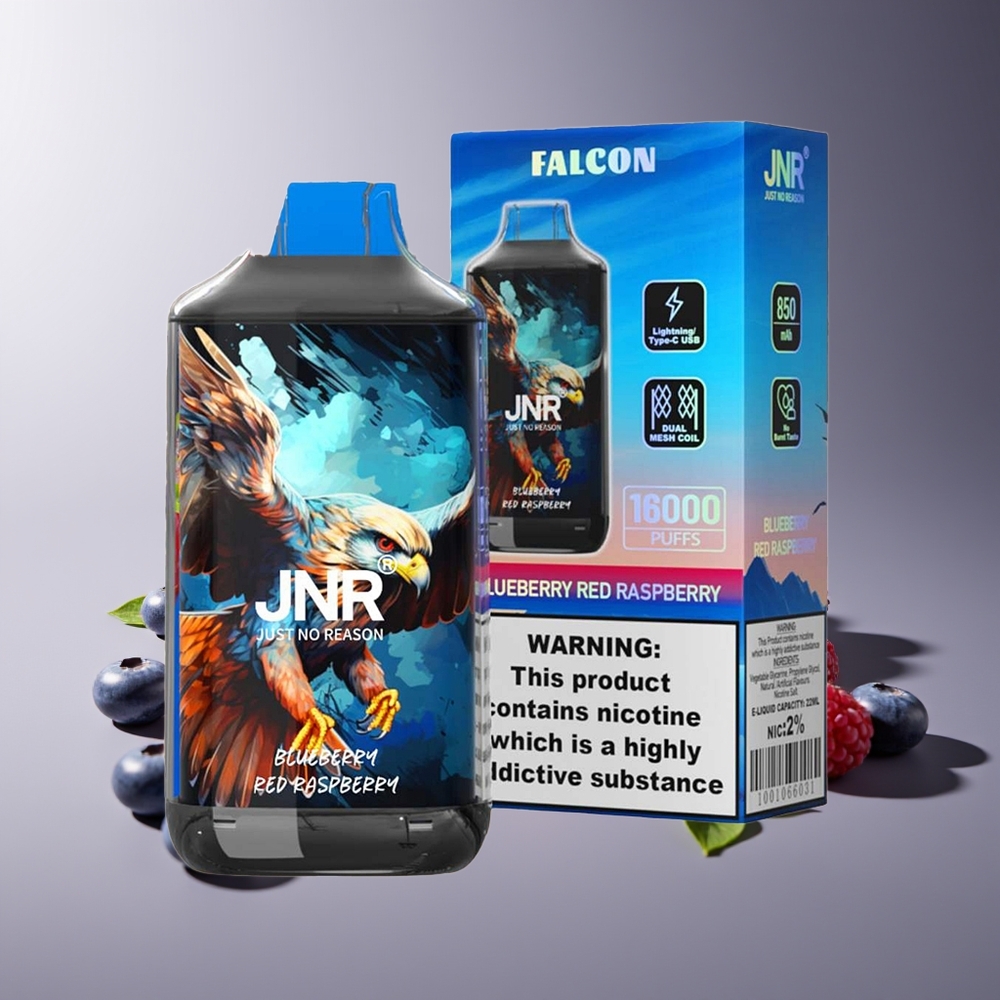 JNR Falcon 16000 Puffs 850mAh 22ml Dual Mesh Coil Tipo C & Lightning LED Display 0% 2% Arándano Frambuesa Roja