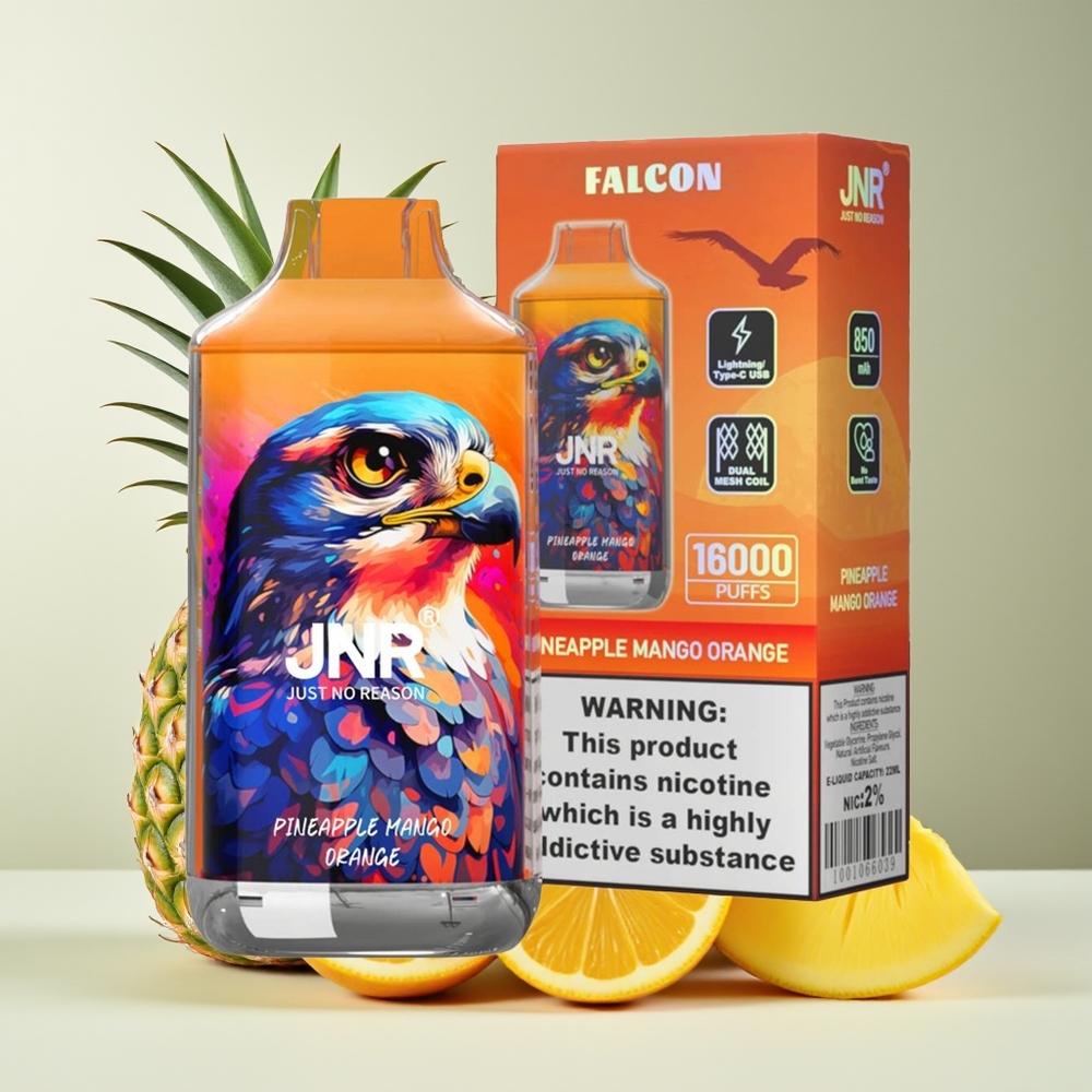 JNR Falcon 16000 Puffs 850mAh 22ml Dual Mesh Coil Tipo C & Lightning Pantalla LED Inteligente 0% 2% Piña Mango Naranja