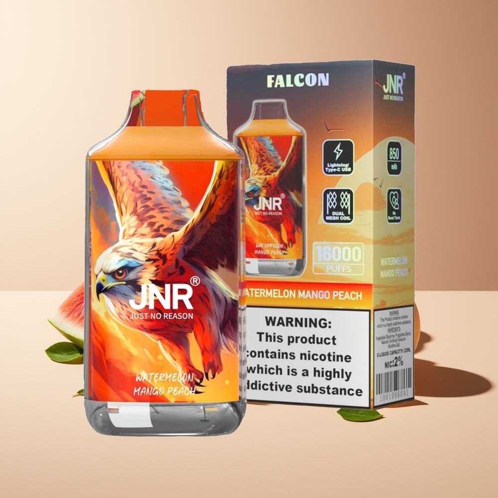 JNR Falcon 16000 Puffs 850mAh 22ml Dual Mesh Coil Tipo C & Lightning Pantalla LED Inteligente 0% 2% Sandía Mango Melocotón