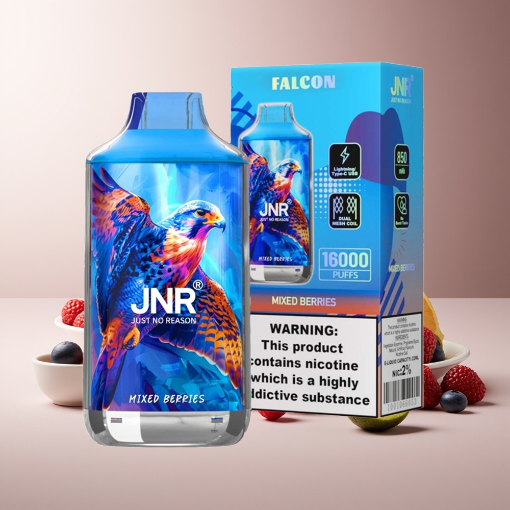 JNR Falcon 16000 Puffs 850mAh 22ml Dual Mesh Coil Tipo C y Lightning Pantalla LED Inteligente 0% 2% Bayas Mixtas