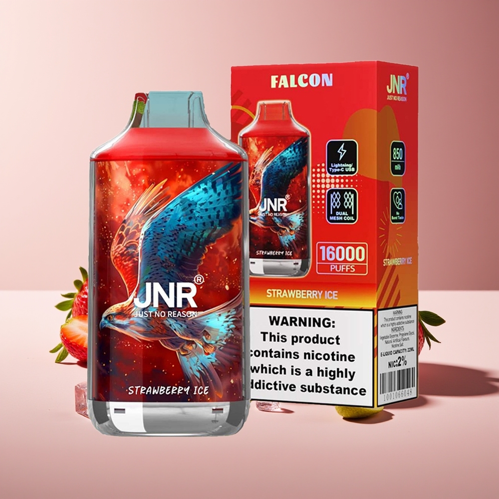 JNR Falcon 16000 Puffs 850mAh 22ml Dual Mesh Coil Tipo C y Lightning Pantalla LED Inteligente 0% 2% Fresa Hielo