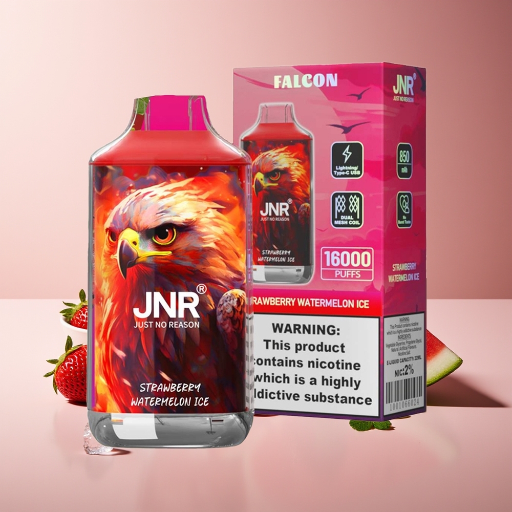 JNR Falcon 16000 Puffs 850mAh 22ml Dual Mesh Coil Tipo C y Lightning Pantalla LED Inteligente 0% 2% Fresa Sandía Hielo