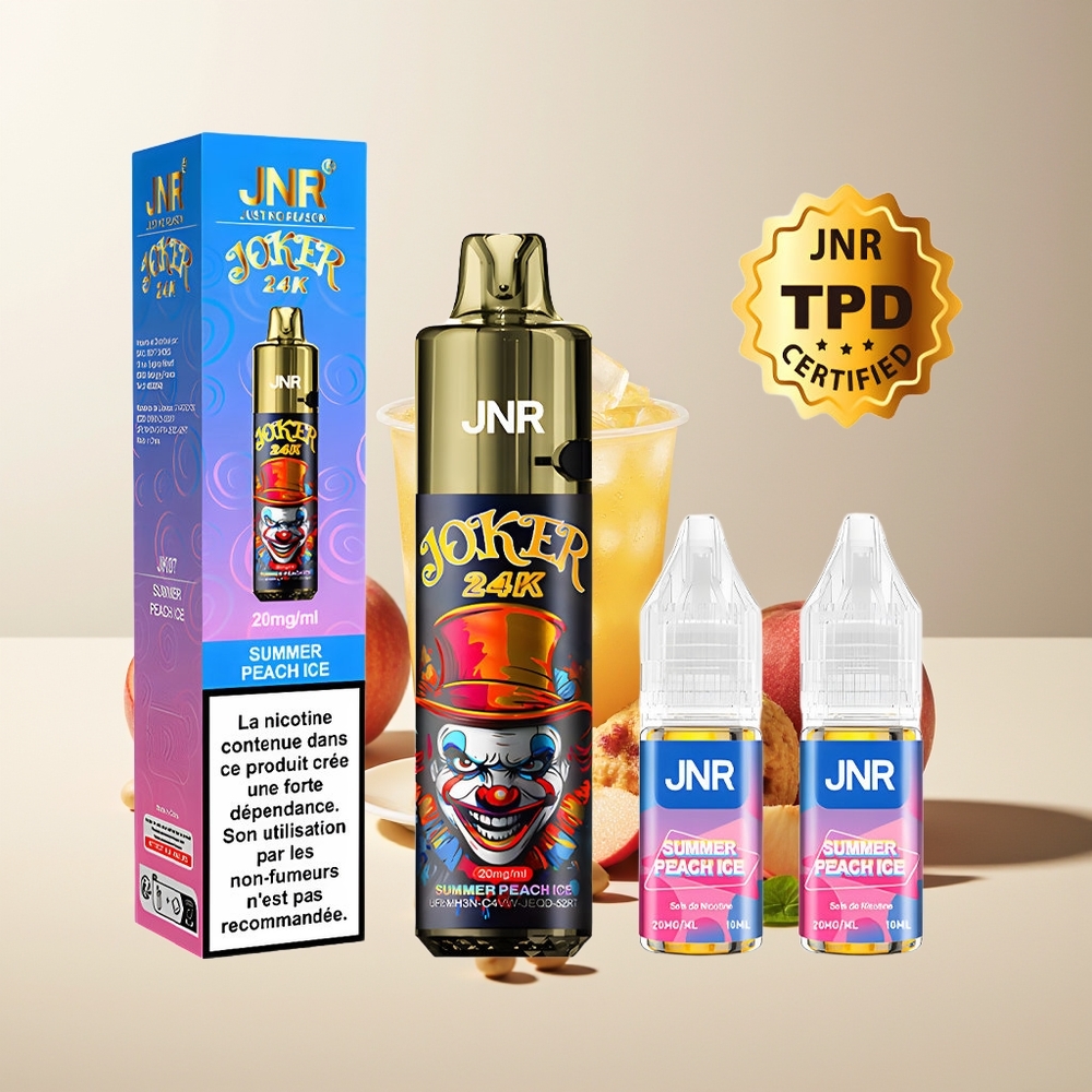 JNR Joker 24K Puffs Recargable 10ml Niveles de Líquido Visibles 800mAh Luz Respiratoria Melocotón Helado de Verano