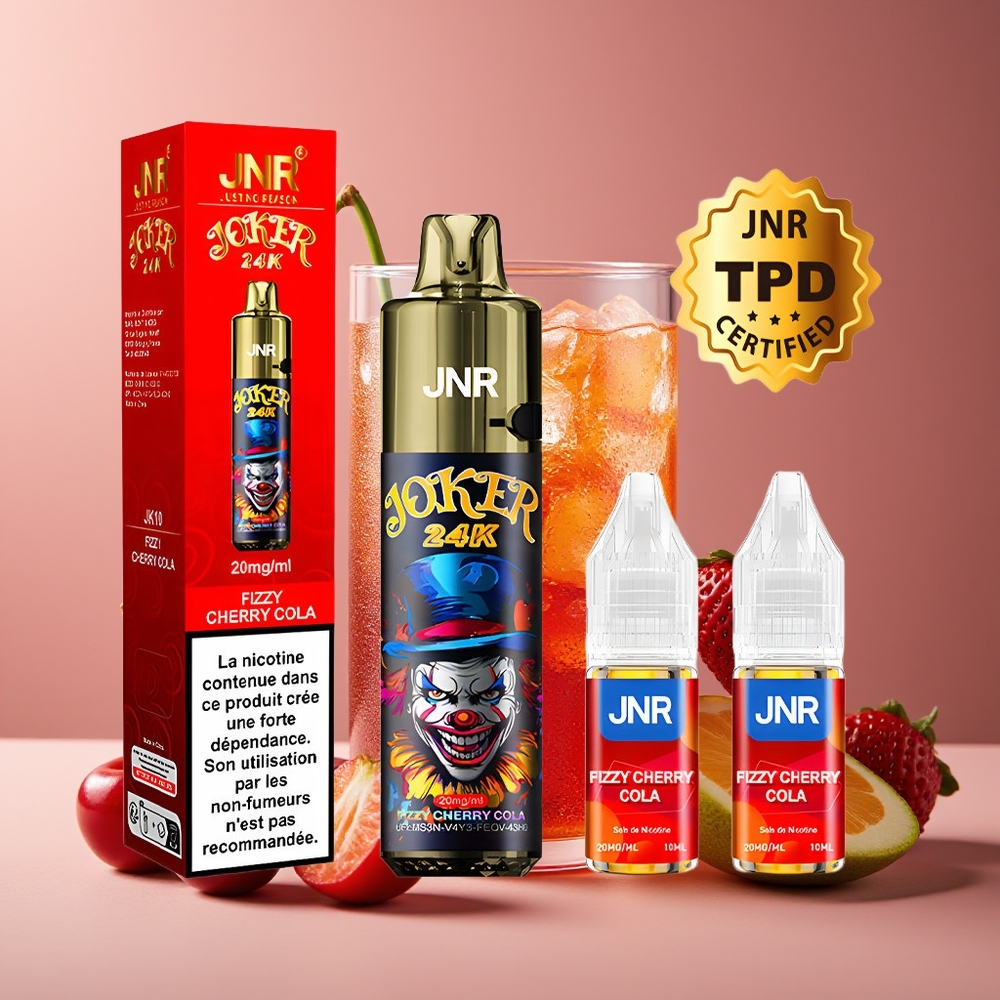 JNR Joker 24K Puffs Recargable Pod 2+10ml Niveles de Líquido Visible Batería 800mAh Luz Colorida Carga Tipo-C Cereza Fizzy Cola