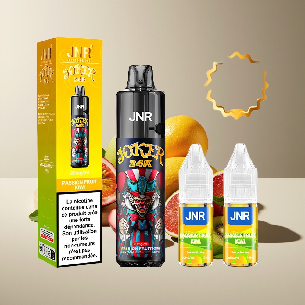 JNR Joker 24K Puffs Recargable con Niveles de E-líquido Visibles y Luz de Colores Vape de Maracuyá Kiwi