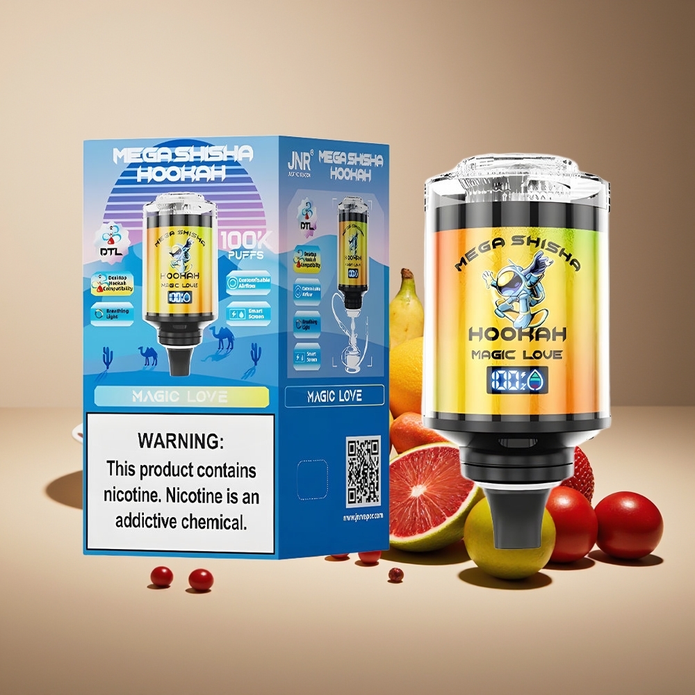 JNR Mega Shisha Hookah 100K 70.2mmx270mmx143.2mm 60ml 2200mAh Tipo-C Pantalla Inteligente Aire Ajustable 2% Nicotina Amor Mágico