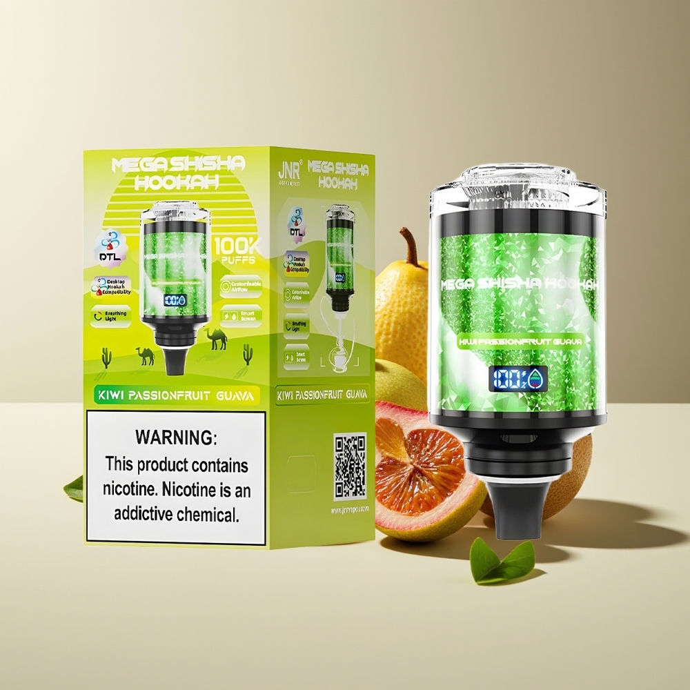 JNR Mega Shisha Hookah 100K Bocadas Pantalla Inteligente Carga Rápida Kiwi Maracuyá Guayaba
