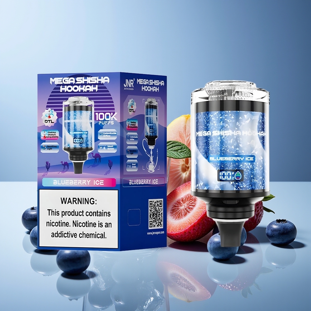 JNR Mega Shisha Hookah 100K Bocas Pantalla Inteligente Carga Rápida Ajustable Arándano Azul Hielo