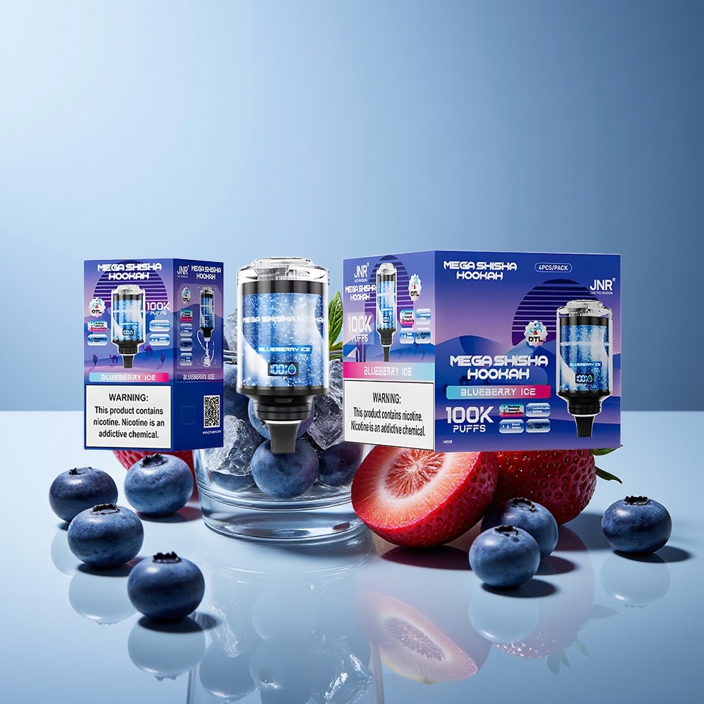 JNR Mega Shisha Hookah 100K Bocas Pantalla Inteligente Carga Rápida Ajustable Arándano Azul Hielo