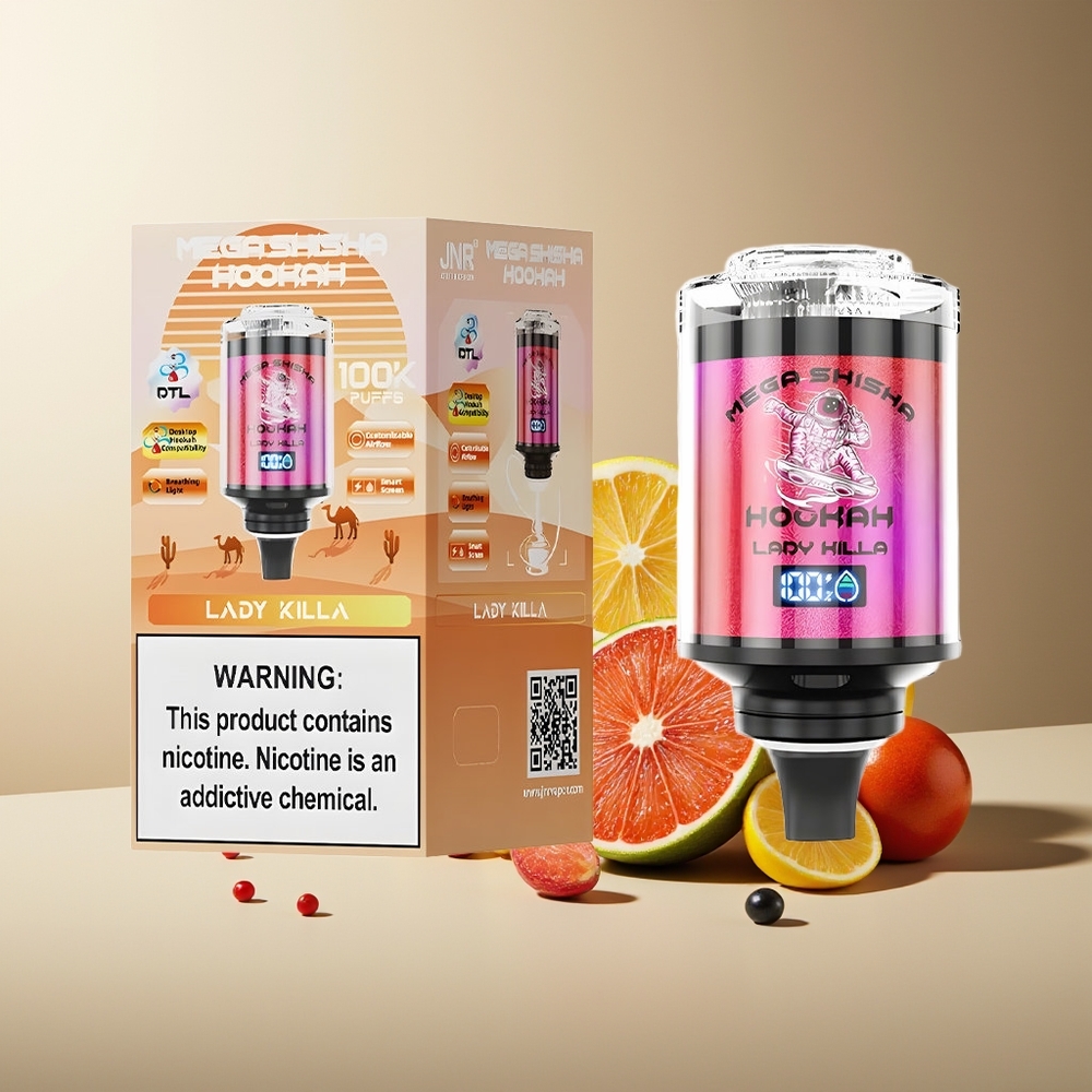 JNR Mega Shisha Hookah 100K Bocas Pantalla Inteligente Tipo-C Carga Rápida 2200mAh Ajustable Lady Killa