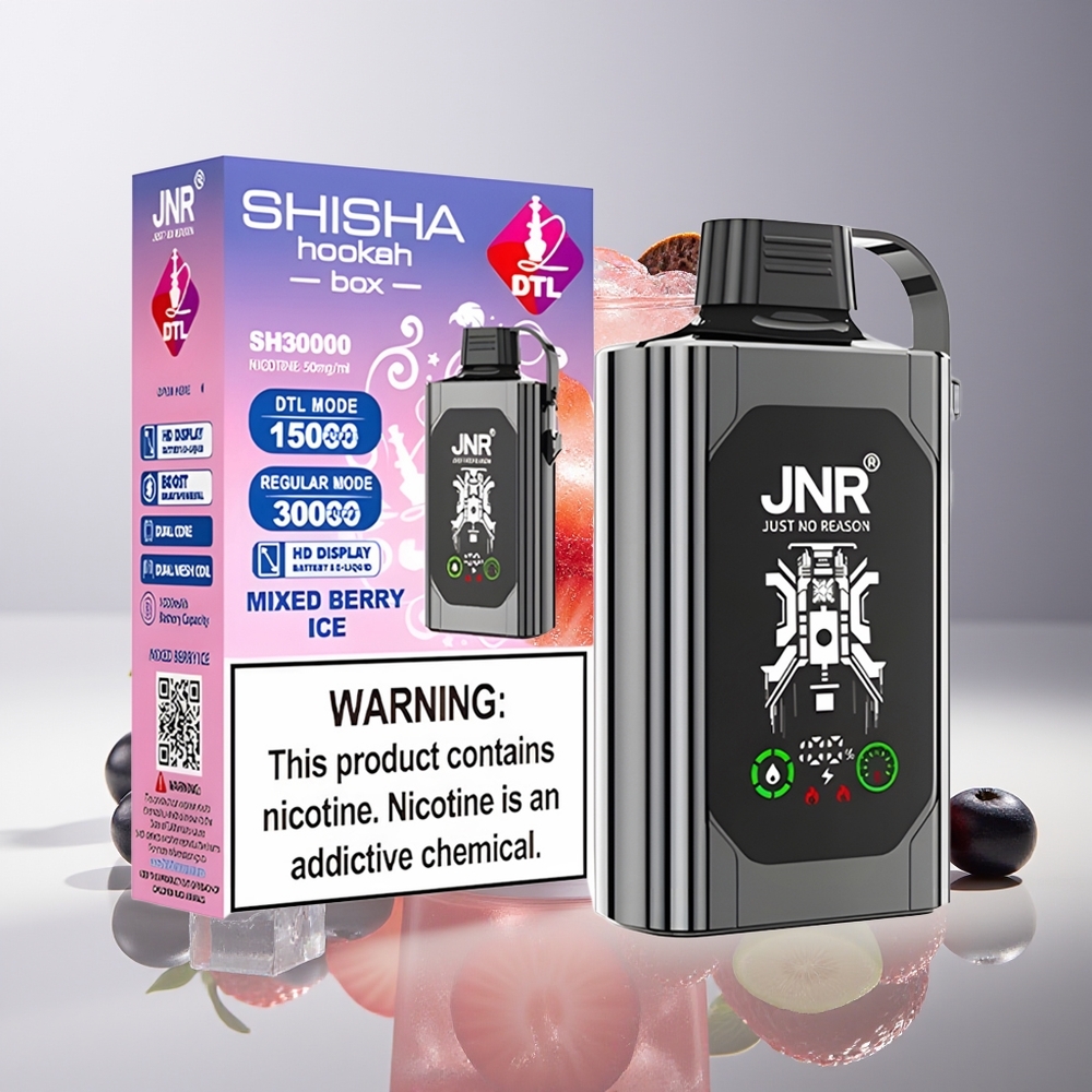 JNR Shisha Hookah Box 20500 Puffs HD Display 1000mAh 25ml Dual Mesh Coil Dual Core Type-C Carga Rápida 0% 2% 5% Baya Mixta Hielo