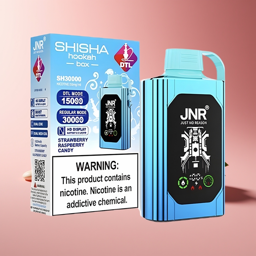 JNR Shisha Hookah Box 20500 Puffs HD Display 1000mAh 25ml Dual Mesh Coil Type-C 0%2%5% Fresa Frambuesa Caramelo
