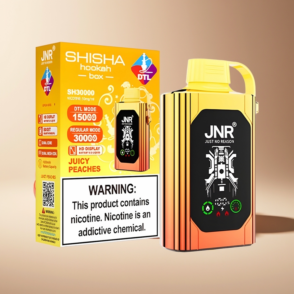JNR Shisha Hookah Box 20500 Puffs HD Display 1000mAh 25ml Dual Mesh Coil Type-C 0% 2% 5% Melocotones Jugosos