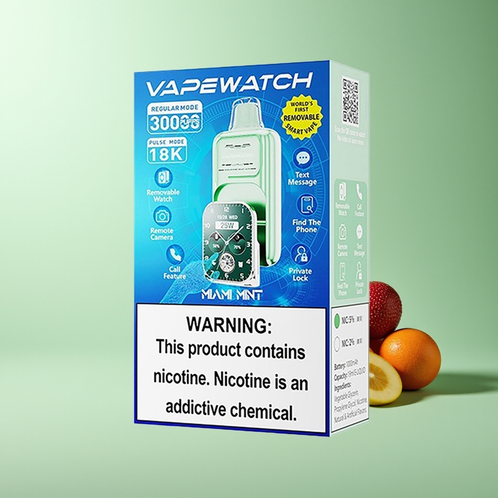 JNR VapeWatch 30000 Puffs Tipo-C Carga Rápida 19mL Dual Mesh Coil Menta de Miami
