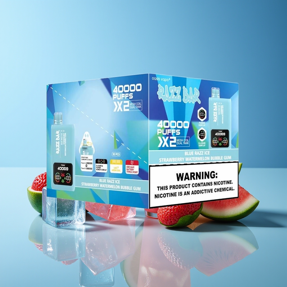 Razz Bar 40000 Caladas Pantalla de Potencia 1.0Ohm 2 Bobina de Malla Azul Frambuesa Hielo-Fresa Sandía Chicle