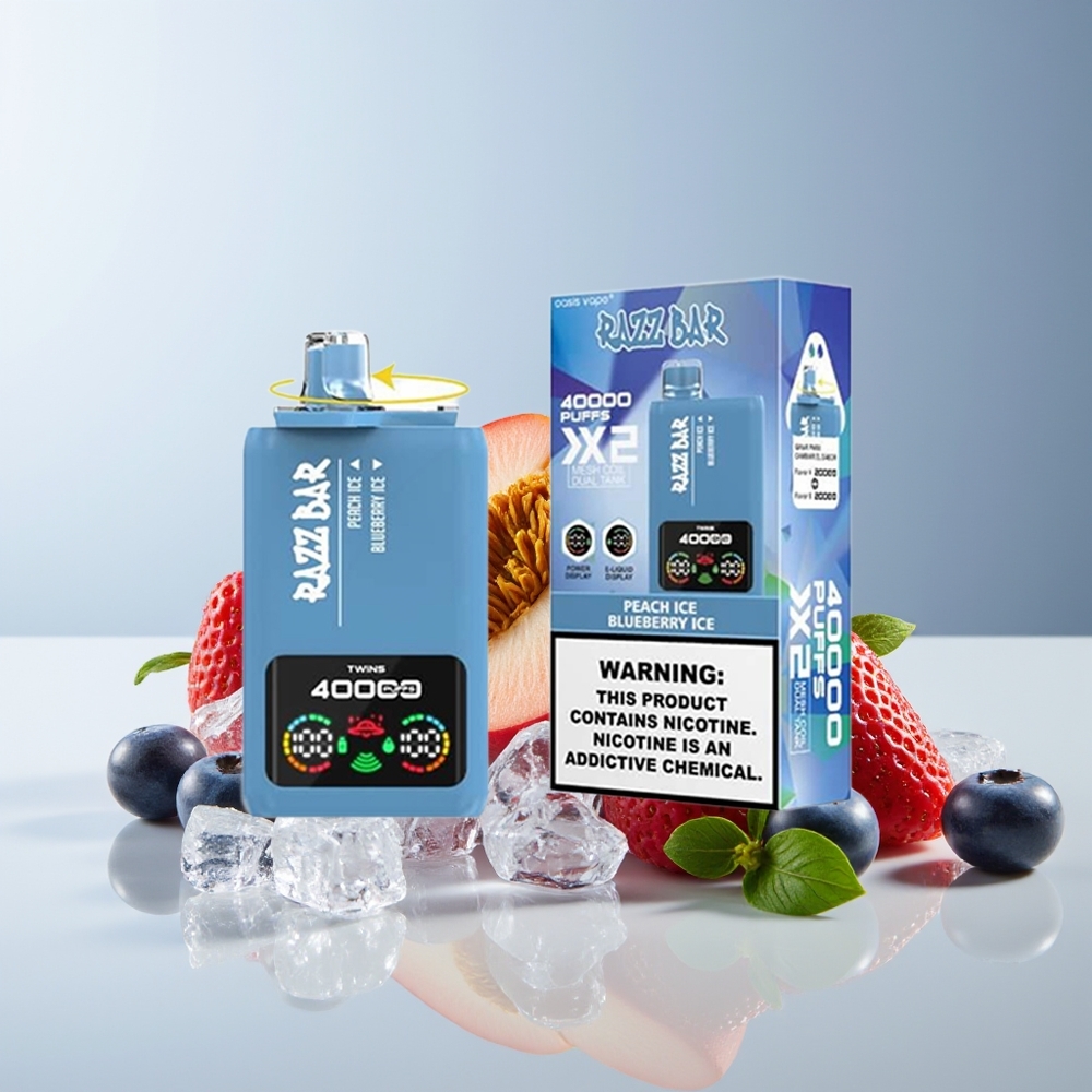 Razz Bar 40000 Puffs Pantalla de Potencia Doble Bobina 2% Melocotón Helado - Arándano Helado