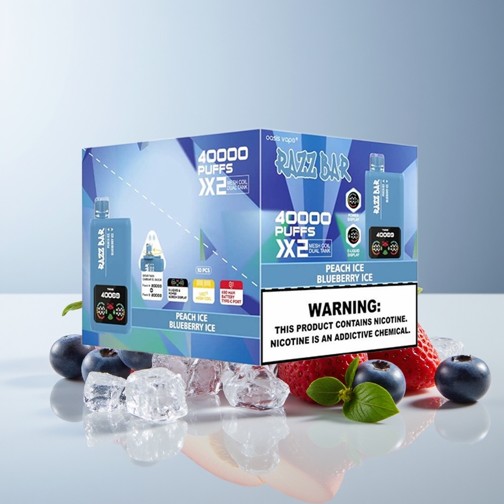 Razz Bar 40000 Puffs Pantalla de Potencia Doble Bobina 2% Melocotón Helado - Arándano Helado