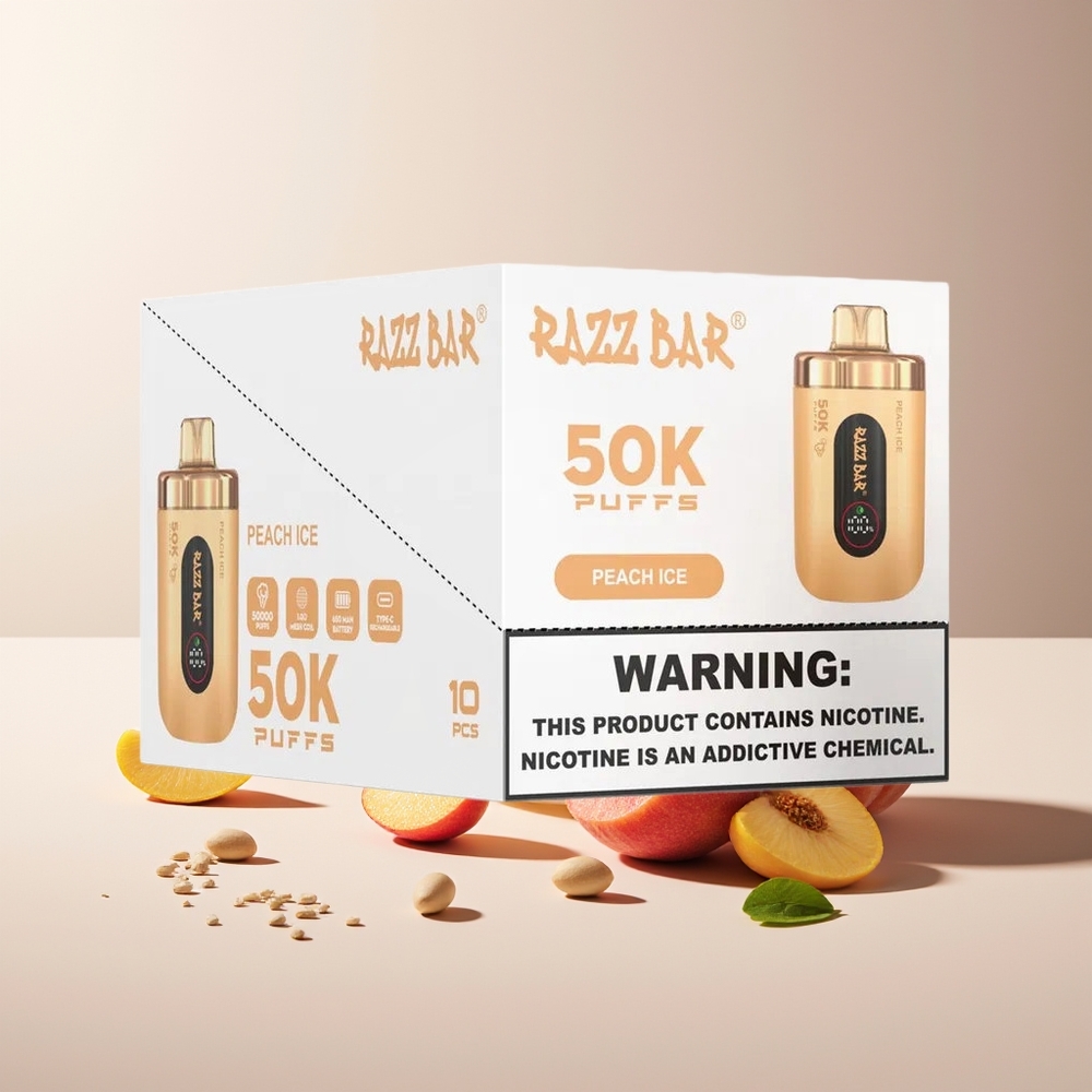 Razz Bar 50K Bocadas Vape Desechable Melocotón Hielo Malla 1.0 Ohm Recargable